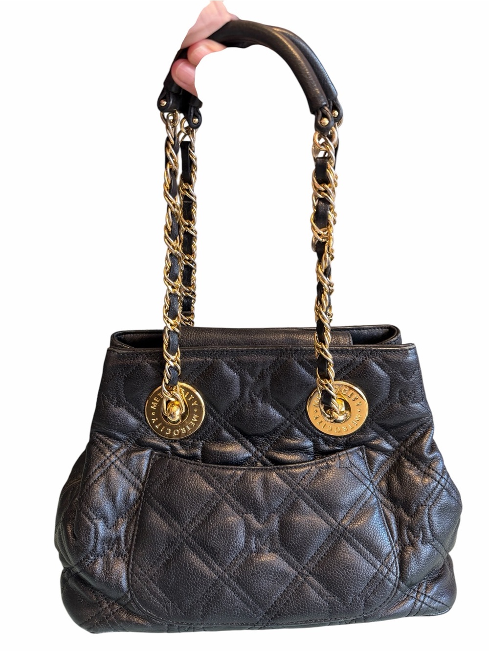 Metro Black Quilted Leather Tote with Gold Chain Handles